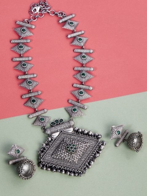 

GloBox By ZeroKaata Oxidised Silver-Plated Green Stone Studded Jewellery Set