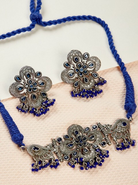 

GloBox By ZeroKaata Oxidised Silver-Plated Blue Gemstones-Studded Antique Jewelry Set
