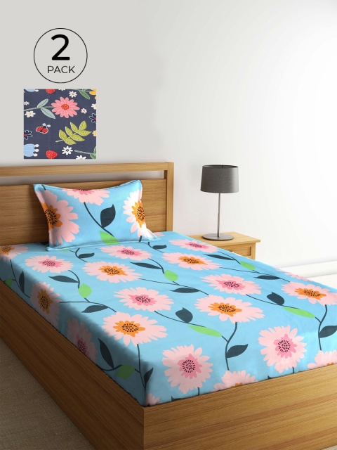

KLOTTHE Blue & Red Floral 210 TC 2 Single Bedsheet with 2 Pillow Covers