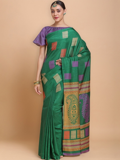 

KALINI Green & Purple Paisley Silk Blend Khadi Saree