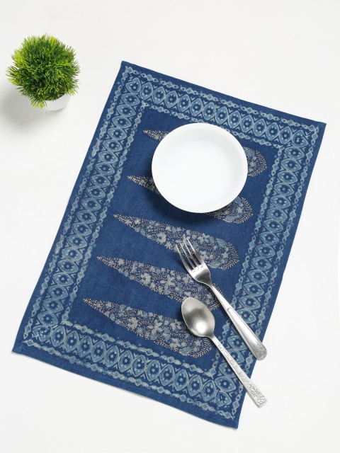 

Fabindia Set Of 4 Dabu Anura Printed Cotton Table Placemats, Blue