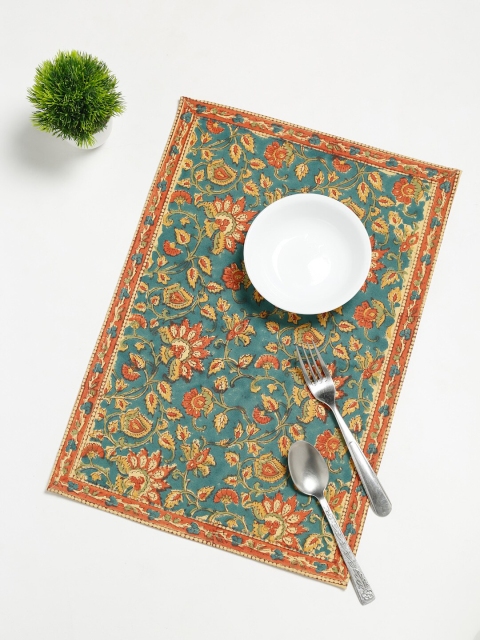 

Fabindia Set Of 6 Teal-Green & Orange Floral Printed Cotton Table Placemats