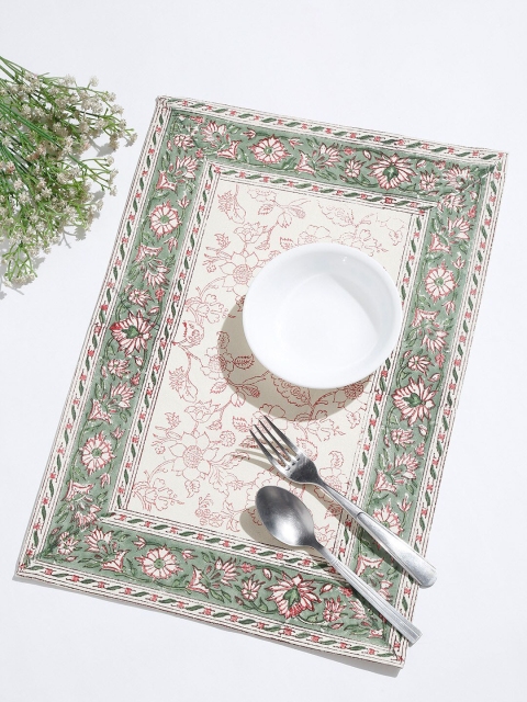 

Fabindia Set Of 4 Green & White Printed Cotton Table Placemats