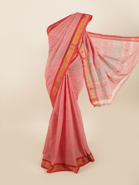 

Pothys Peach-Coloured & Red Zari Pure Cotton Saree