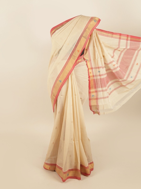 

Pothys Cream-Coloured & Red Zari Pure Cotton Saree