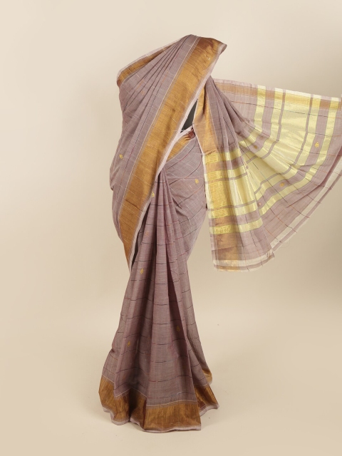 

Pothys Grey & Gold-Toned Checked Zari Pure Cotton Saree