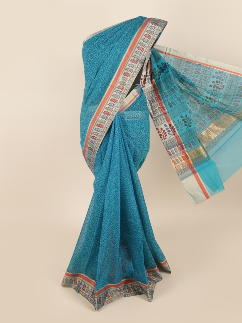 

Pothys Blue & Grey Floral Silk Cotton Saree