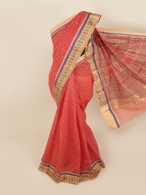 

Pothys Peach-Coloured & Gold-Toned Floral Silk Cotton Saree