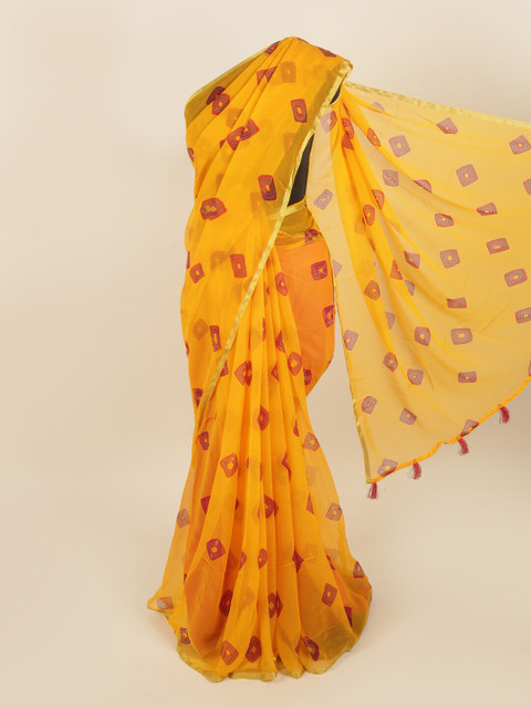 

Pothys Yellow & Red Bandhani Zari Saree