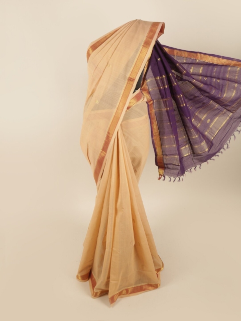 

Pothys Cream-Coloured & Purple Zari Pure Cotton Saree