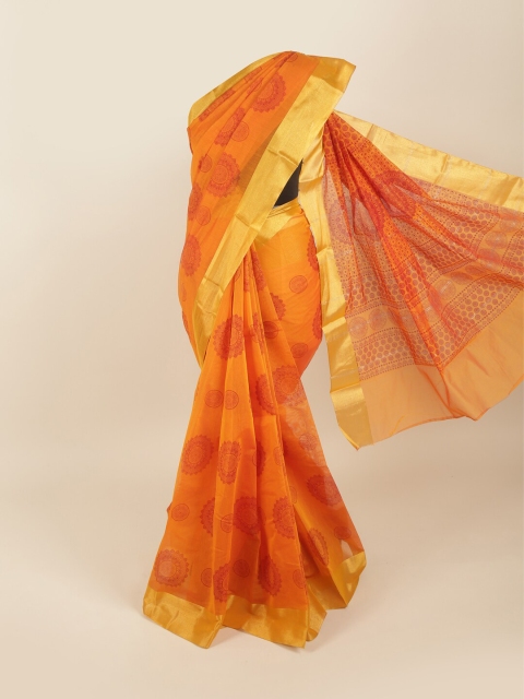 

Pothys Orange & Red Ethnic Motifs Zari Silk Cotton Saree