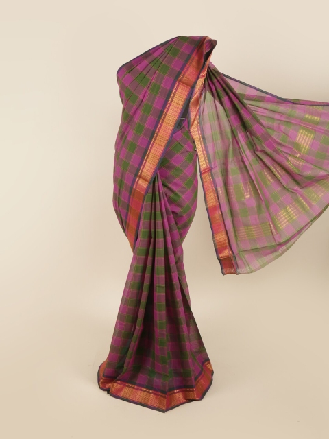 

Pothys Purple & Green Checked Zari Pure Cotton Saree