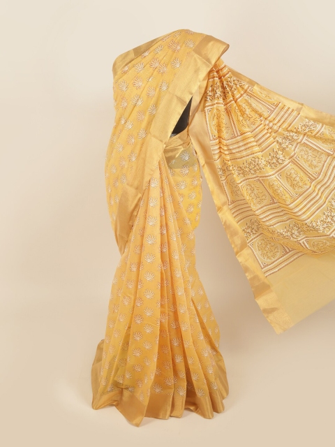 

Pothys Gold-Toned & White Ethnic Motifs Zari Silk Cotton Saree