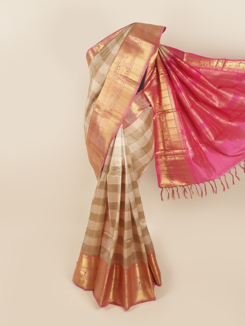 

Pothys Cream-Coloured & Pink Checked Zari Silk Cotton Saree