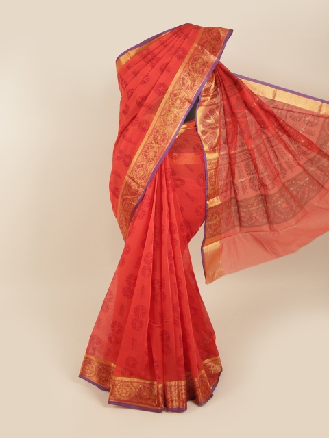 

Pothys Red & Purple Ethnic Motifs Zari Silk Cotton Saree