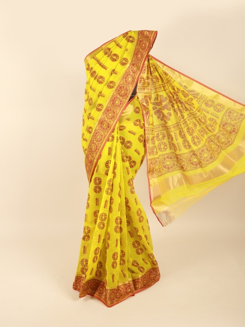 

Pothys Lime Green & Red Ethnic Motifs Silk Cotton Saree