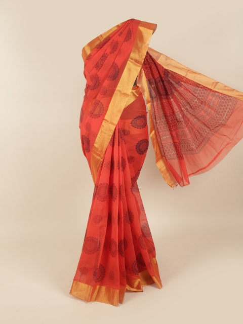 

Pothys Orange & Gold-Toned Ethnic Motifs Zari Silk Cotton Saree