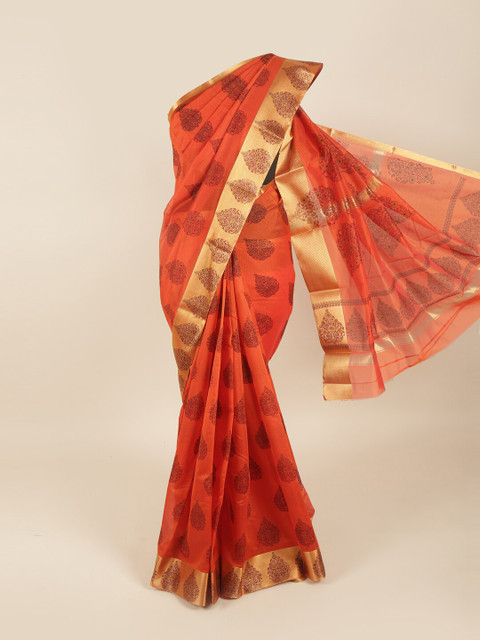 

Pothys Orange & Gold-Toned Ethnic Motifs Zari Silk Cotton Saree