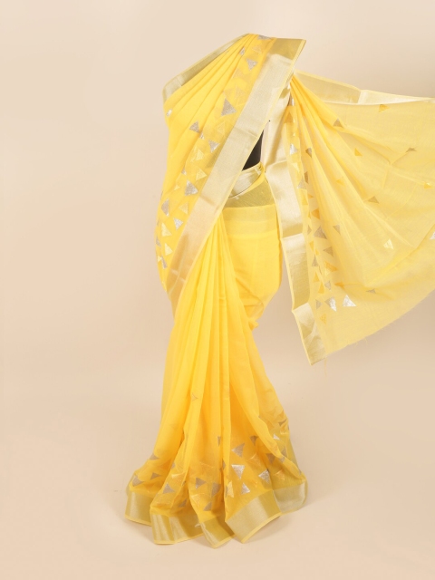 

Pothys Yellow & Silver-Toned Zari Chanderi Saree