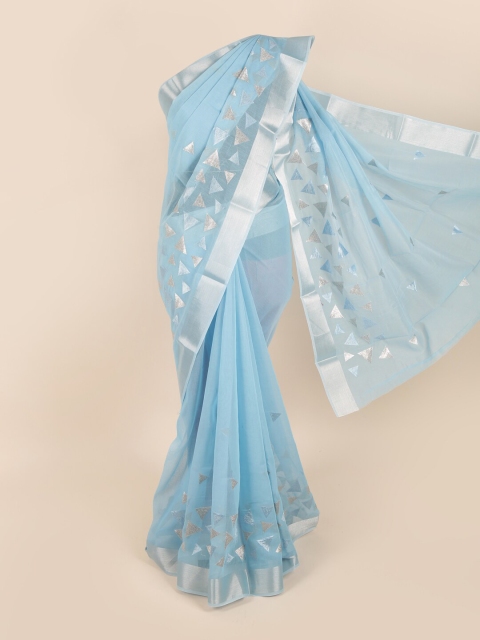 

Pothys Blue & Silver-Toned Zari Chanderi Saree