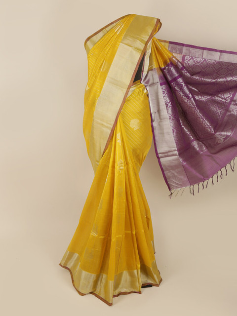 

Pothys Yellow & Silver-Toned Woven Design Zari Silk Cotton Saree
