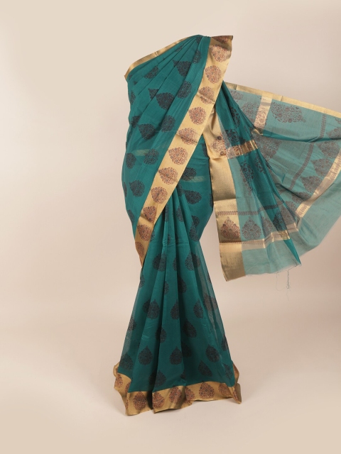 

Pothys Green & Silver-Toned Ethnic Motifs Zari Silk Cotton Saree
