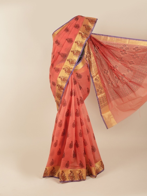 

Pothys Peach-Coloured & Maroon Ethnic Motifs Zari Silk Cotton Saree