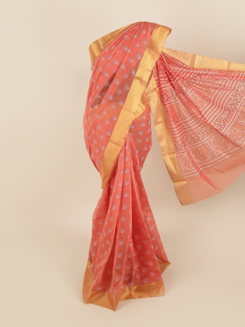 

Pothys Peach-Coloured & White Ethnic Motifs Zari Silk Cotton Saree