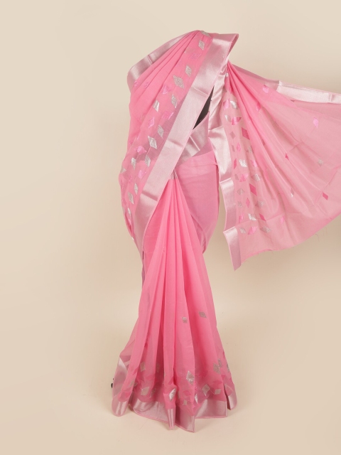 

Pothys Pink & Silver-Toned Embroidered Chanderi Saree
