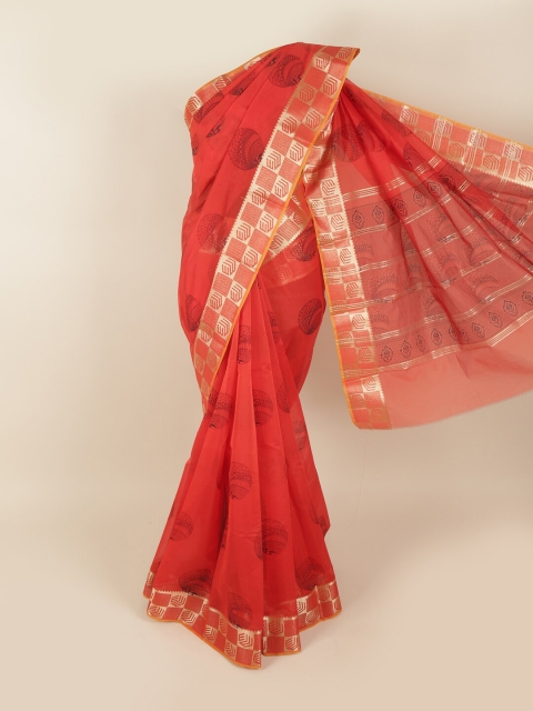 

Pothys Red & Silver-Toned Ethnic Motifs Zari Silk Cotton Saree