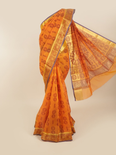 

Pothys Orange & Gold-Toned Ethnic Motifs Zari Silk Cotton Saree