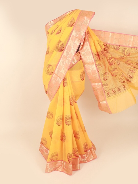 

Pothys Yellow & Red Ethnic Motifs Zari Silk Cotton Saree