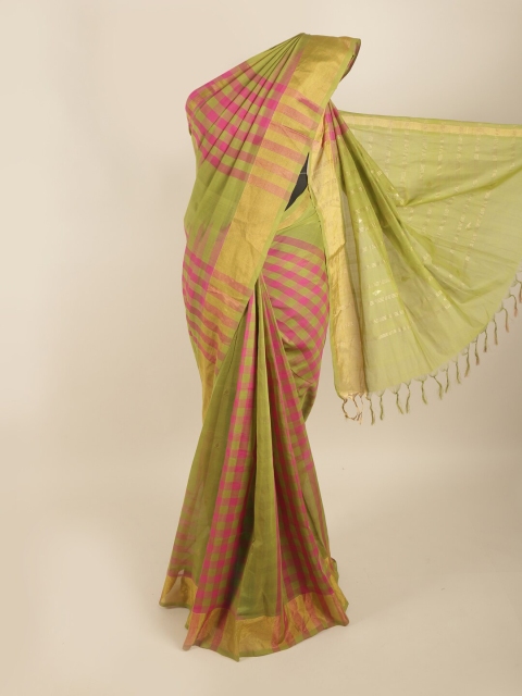 

Pothys Green & Pink Checked Zari Pure Cotton Saree