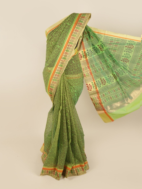 

Pothys Green & Brown Floral Zari Silk Cotton Saree