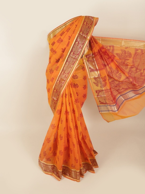 

Pothys Orange & Red Ethnic Motifs Zari Silk Cotton Saree