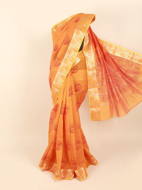 

Pothys Orange & Red Ethnic Motifs Zari Silk Cotton Saree