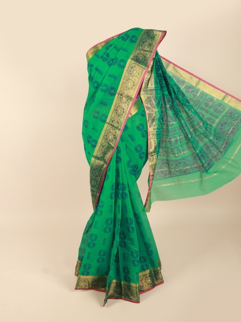 

Pothys Green & Blue Ethnic Motifs Zari Silk Cotton Saree