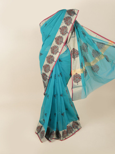 

Pothys Blue & Maroon Ethnic Motifs Zari Silk Cotton Saree