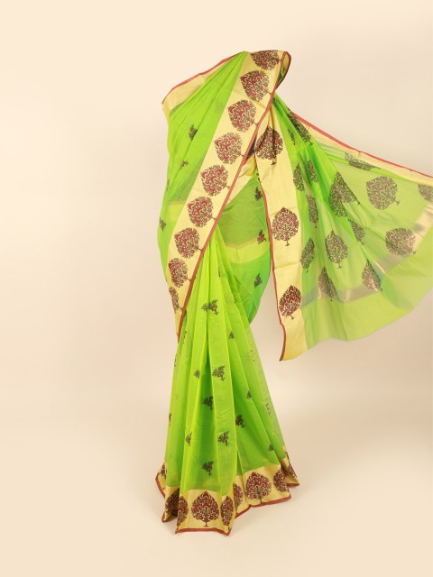 

Pothys Green & Red Ethnic Motifs Zari Silk Cotton Saree