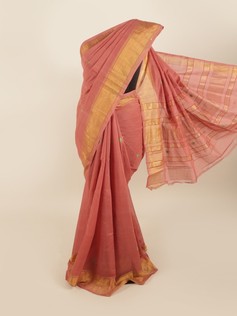 

Pothys Peach-Coloured & Gold-Toned Floral Zari Pure Cotton Saree