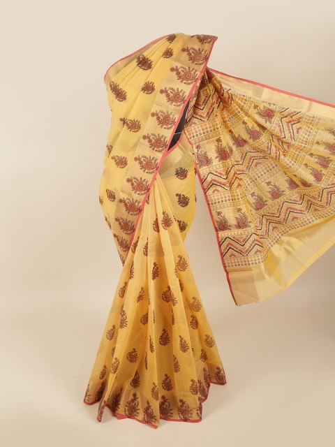 

Pothys Cream-Coloured & Peach-Coloured Floral Silk Cotton Saree