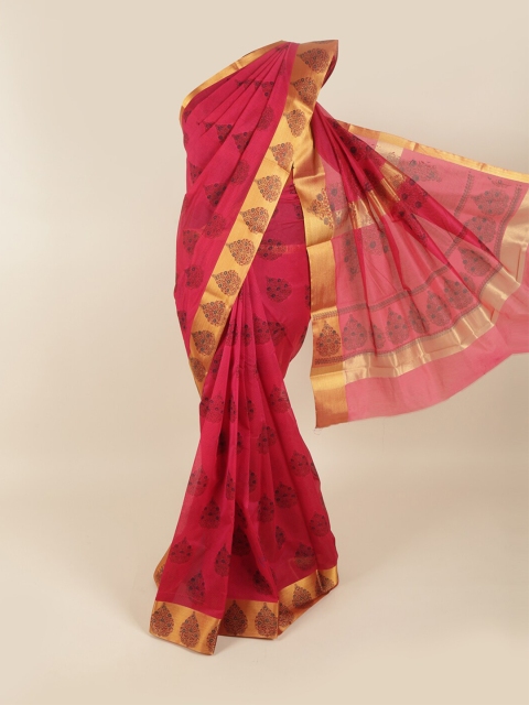 

Pothys Magenta & Gold-Toned Ethnic Motifs Silk Cotton Saree