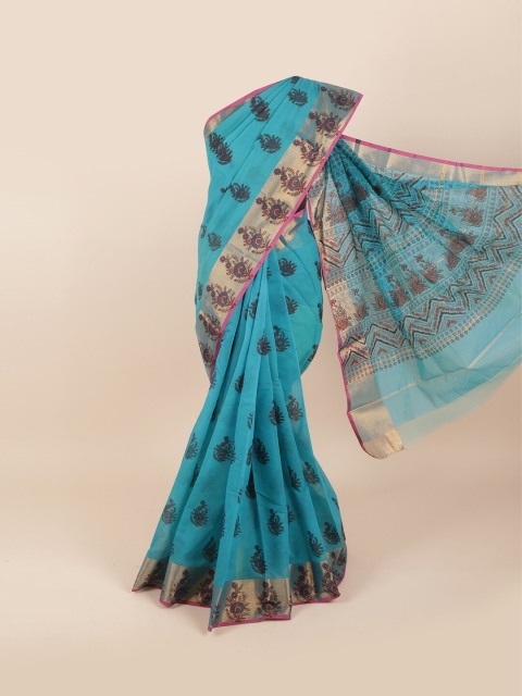 

Pothys Blue & Grey Floral Silk Cotton Saree