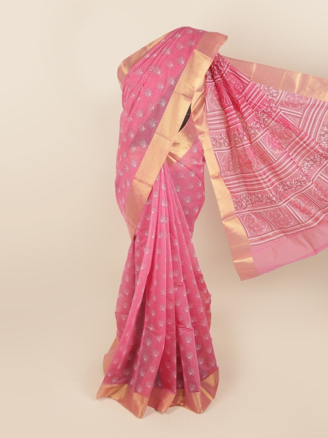 

Pothys Pink & White Floral Zari Silk Cotton Saree