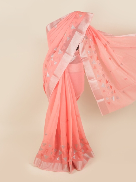 

Pothys Pink & Silver-Toned Woven Design Zari Saree