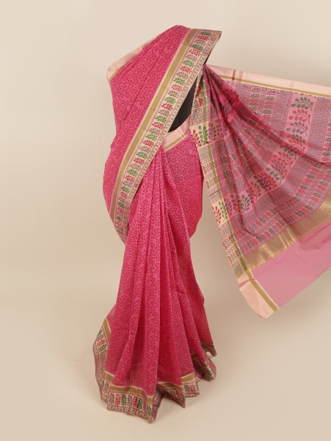 

Pothys Pink & Green Floral Silk Cotton Saree