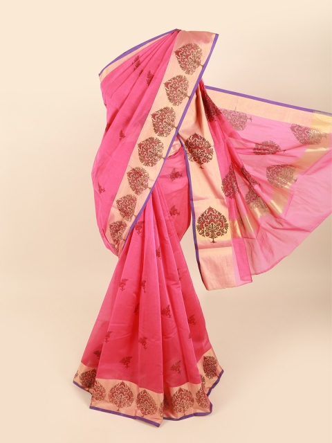 

Pothys Pink & Blue Floral Silk Cotton Saree