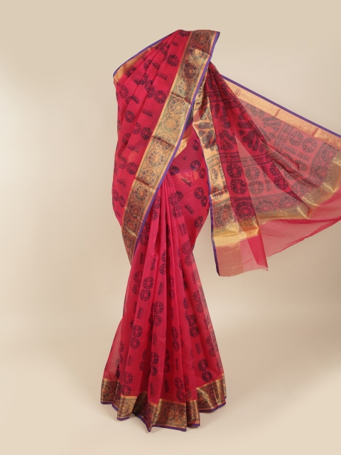 

Pothys Magenta & Blue Ethnic Motifs Zari Silk Cotton Saree