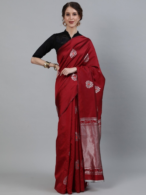 

Ishin Maroon & Silver-Toned Floral Zari Art Silk Heavy Work Banarasi Saree