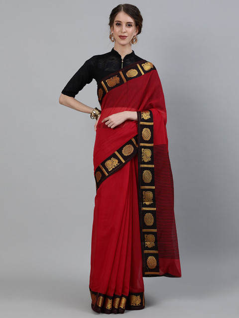 

Ishin Red & Black Zari Silk Cotton Heavy Work Banarasi Saree